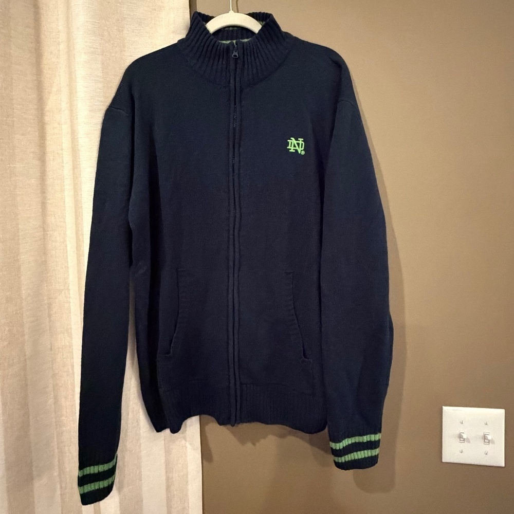 Notre Dame Blue Cardigan Full Zip Sweater, Embroidered, High Neck, Size 2XL - Picture 1 of 10